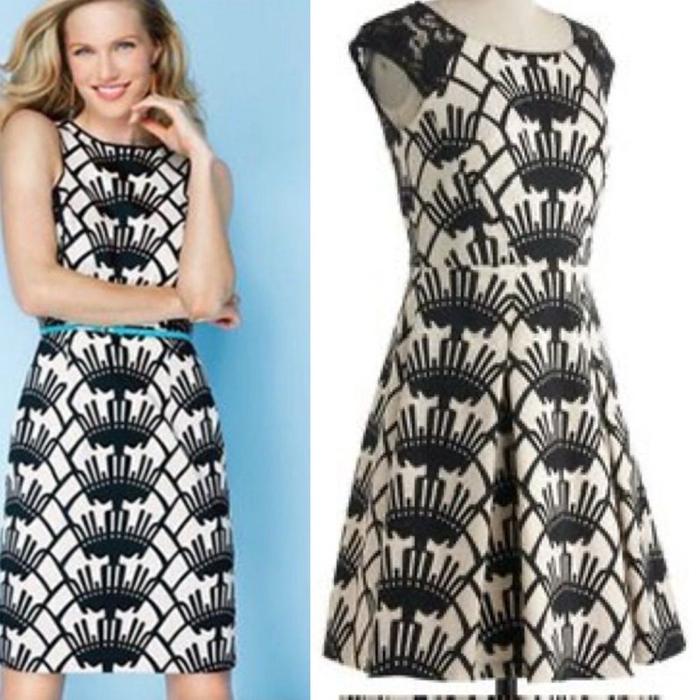 Donna Morgan Black and Cream Patterned Fit-and-Flare Dress